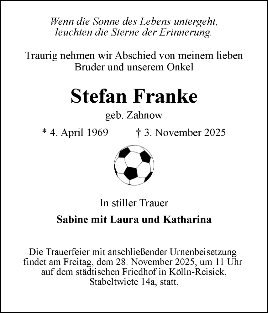  Traueranzeige für Stefan Franke vom 22.11.2025 aus Elmshorner Nachrichten, Barmstedter Zeitung