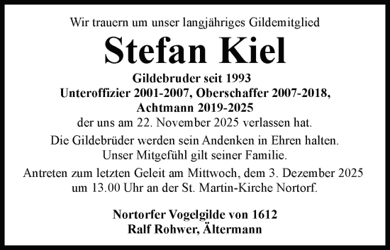 Traueranzeige von Stefan Kiel von Schleswig-Holsteinische Landeszeitung