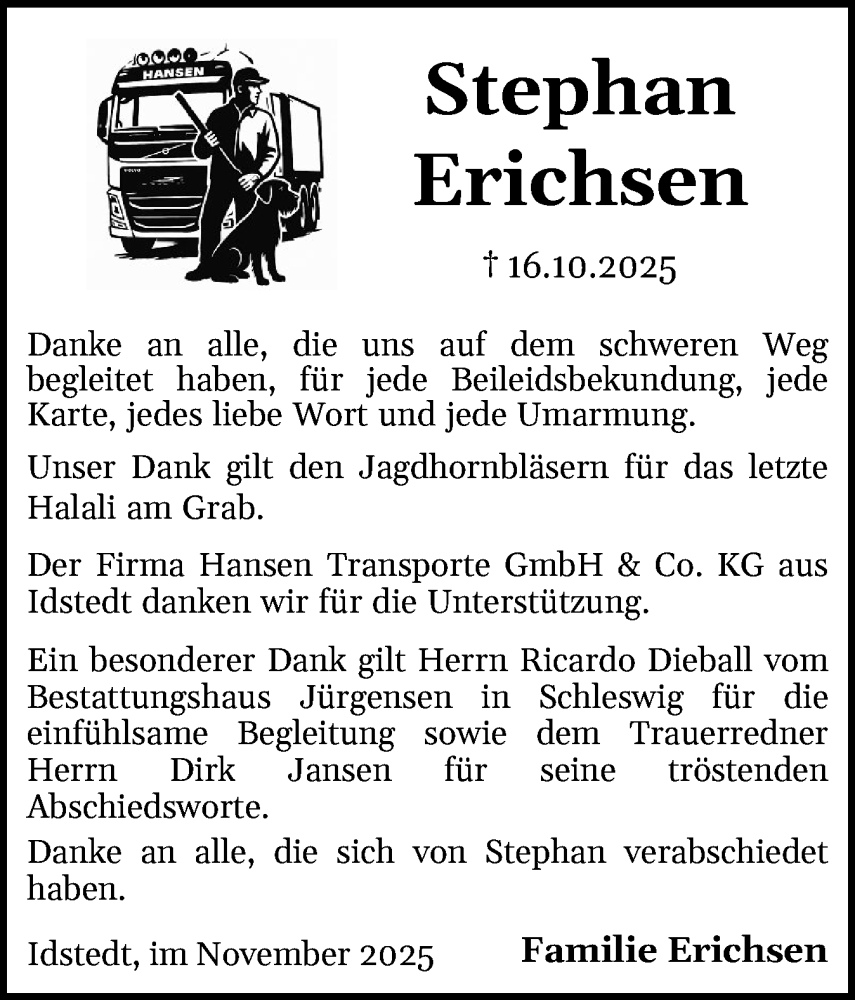  Traueranzeige für Stephan Erichsen vom 22.11.2025 aus Schleswiger Nachrichten, Schlei-Bote