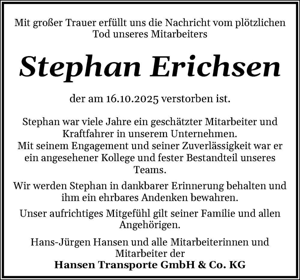  Traueranzeige für Stephan Erichsen vom 08.11.2025 aus Schleswiger Nachrichten, Schlei-Bote