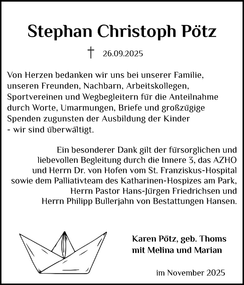  Traueranzeige für Stephan Christoph Pötz vom 15.11.2025 aus Region Flensburg