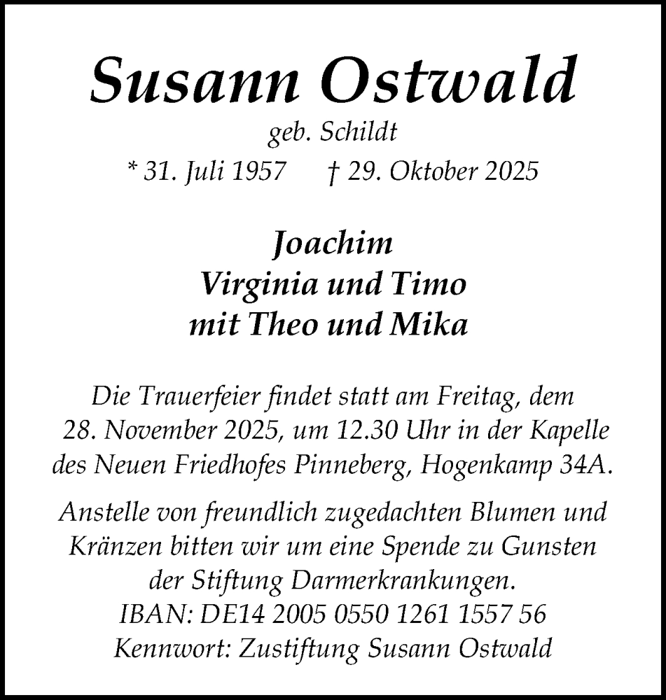  Traueranzeige für Susann Ostwald vom 22.11.2025 aus Region Pinneberg und tip Pinneberg