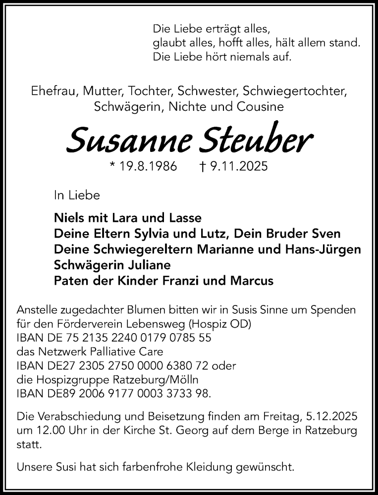  Traueranzeige für Susanne Steuber vom 22.11.2025 aus MARKT Ratzeburg/Mölln