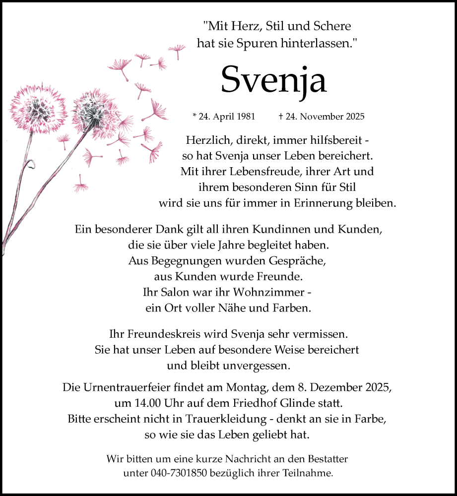  Traueranzeige für Svenja  vom 29.11.2025 aus MARKT Glinde/Reinfeld