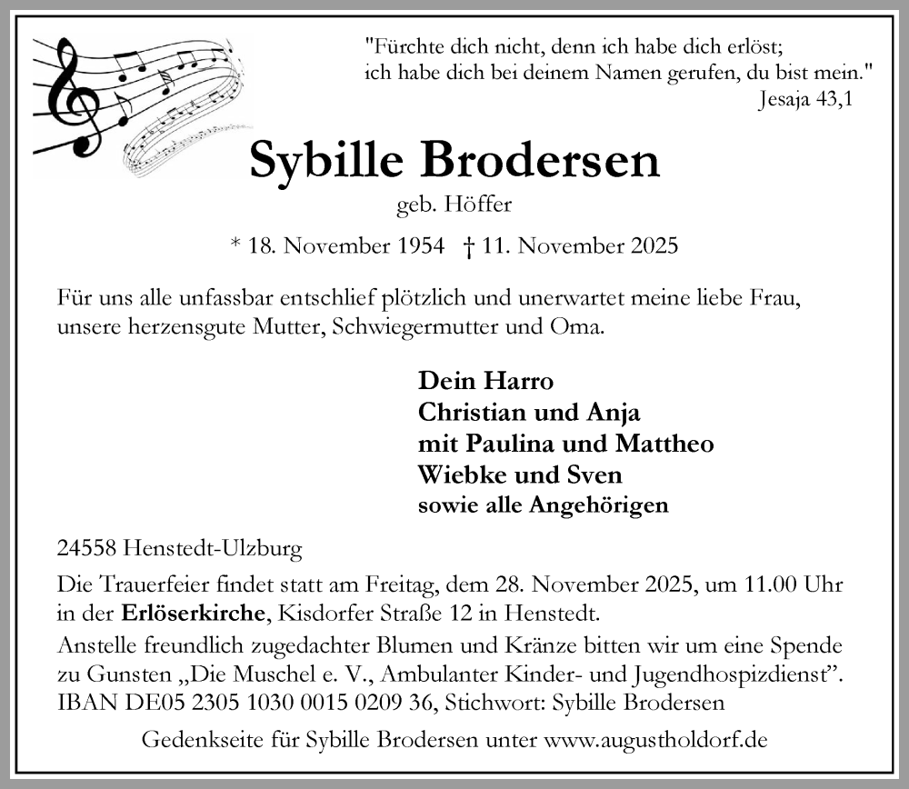  Traueranzeige für Sybille Brodersen vom 22.11.2025 aus Umschau