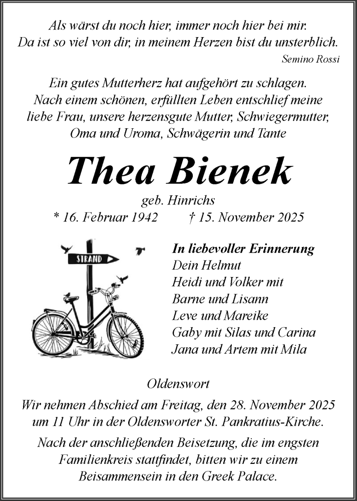 Traueranzeige für Thea Bienek vom 22.11.2025 aus Husumer Nachrichten, Nordfriesland Tageblatt