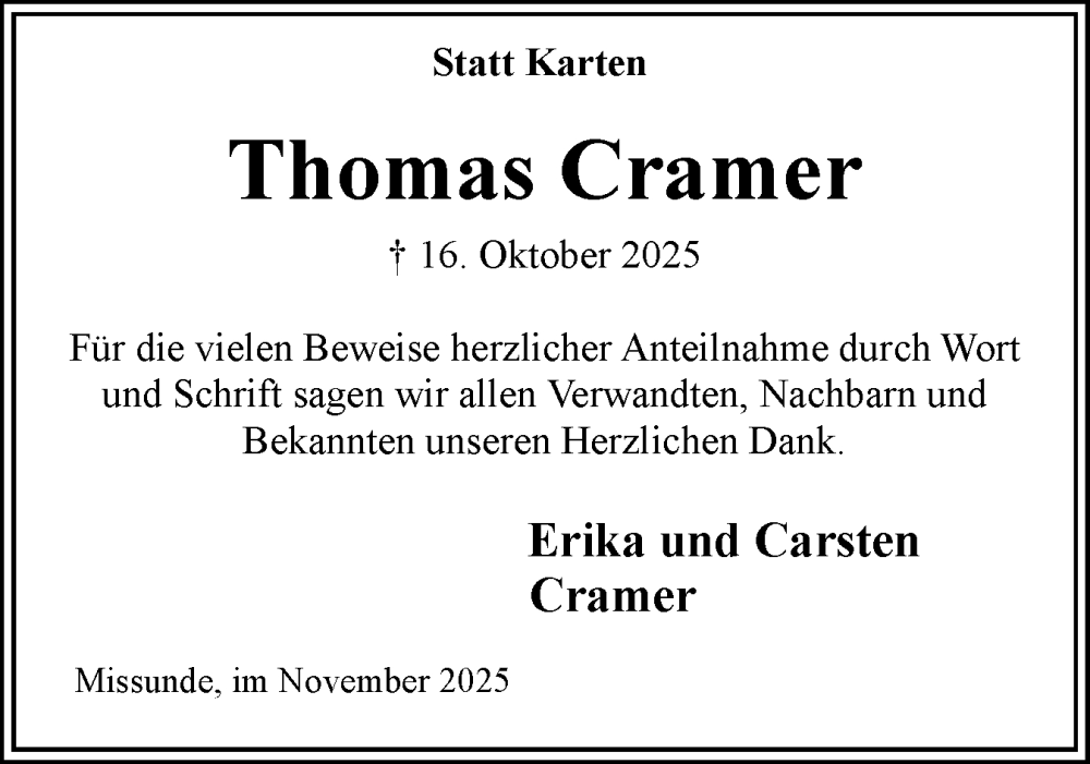  Traueranzeige für Thomas Cramer vom 29.11.2025 aus Eckernförder Zeitung, Hallo Eckernförde