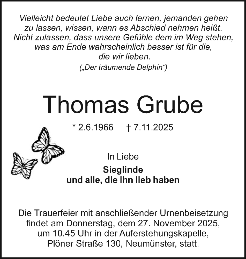  Traueranzeige für Thomas Grube vom 15.11.2025 aus Holsteinischer Courier