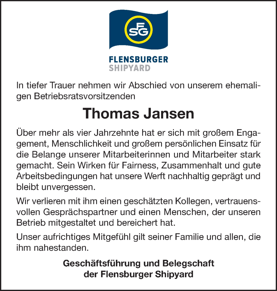  Traueranzeige für Thomas Jansen vom 26.11.2025 aus Flensburger Tageblatt