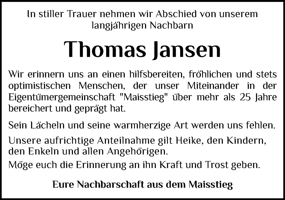  Traueranzeige für Thomas Jansen vom 29.11.2025 aus Flensburger Tageblatt