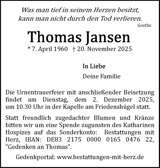 Traueranzeige von Thomas Jansen von Flensburger Tageblatt