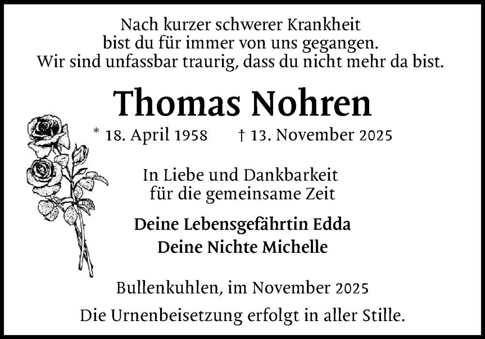  Traueranzeige für Thomas Nohren vom 29.11.2025 aus Elmshorner Nachrichten, Barmstedter Zeitung