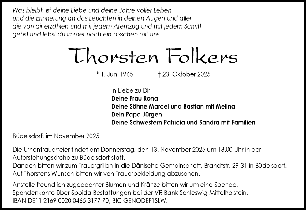  Traueranzeige für Thorsten Folkers vom 08.11.2025 aus Schleswig-Holsteinische Landeszeitung