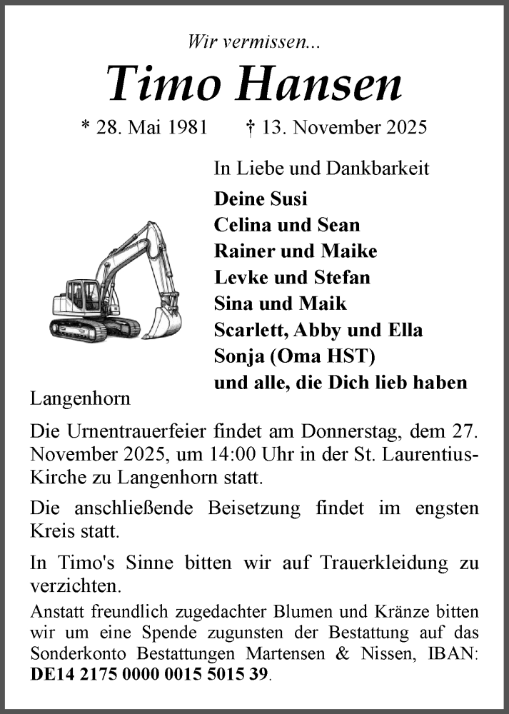  Traueranzeige für Timo Hansen vom 22.11.2025 aus Husumer Nachrichten, Nordfriesland Tageblatt