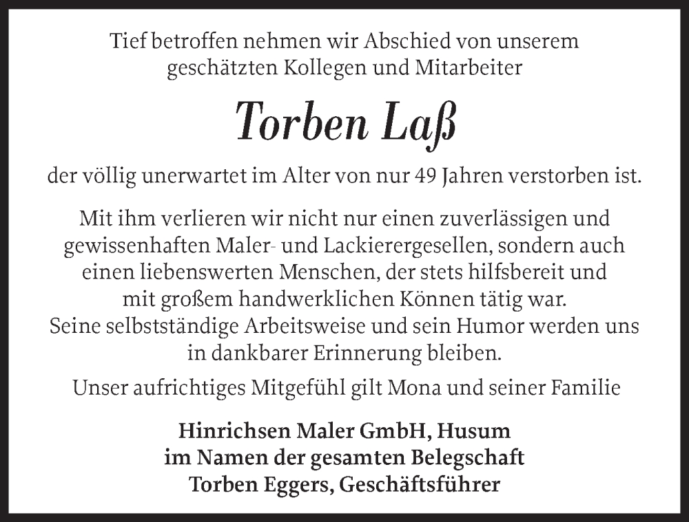 Traueranzeige für Torben Laß vom 06.11.2025 aus Husumer Nachrichten, Nordfriesland Tageblatt