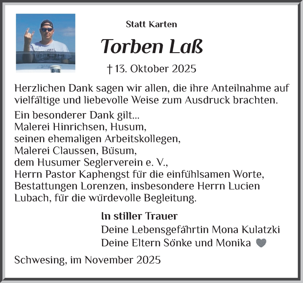  Traueranzeige für Torben Laß vom 29.11.2025 aus Husumer Nachrichten, Nordfriesland Tageblatt