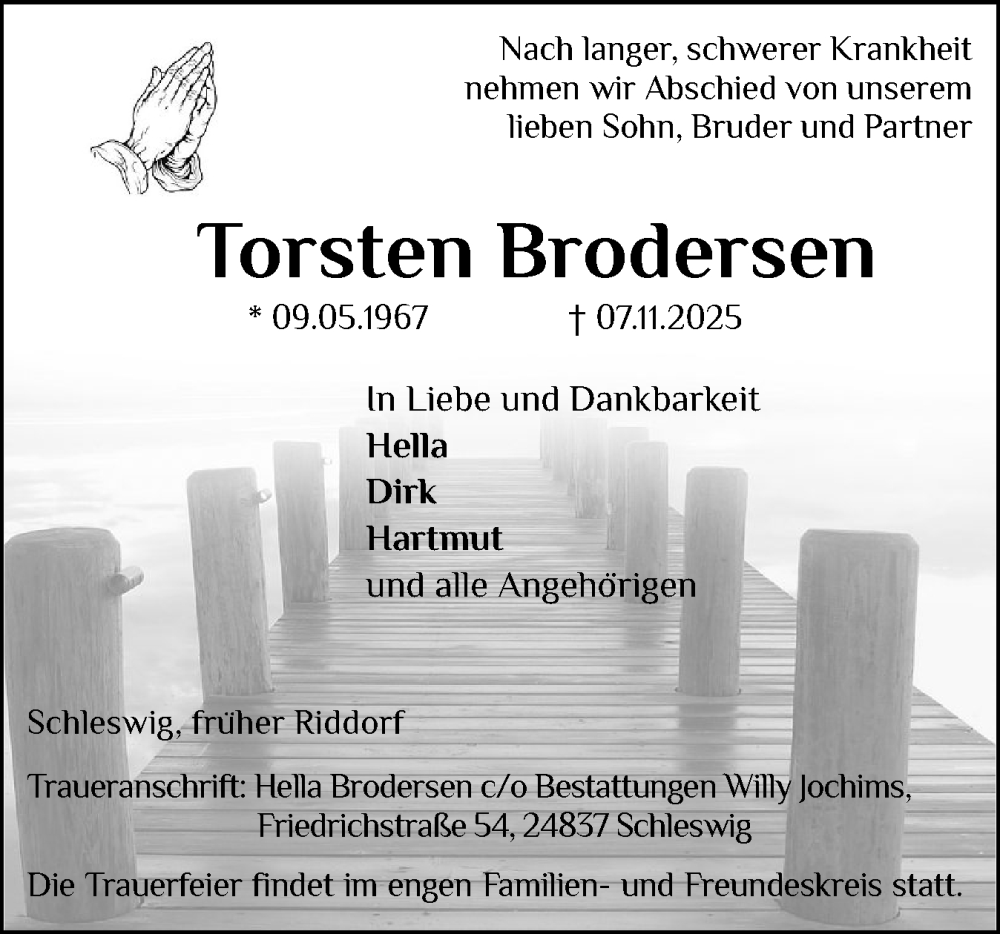  Traueranzeige für Torsten Brodersen vom 15.11.2025 aus Husumer Nachrichten, Nordfriesland Tageblatt