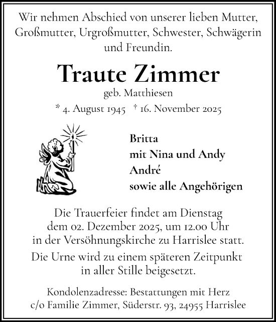Traueranzeige von Traute Zimmer von Flensburger Tageblatt