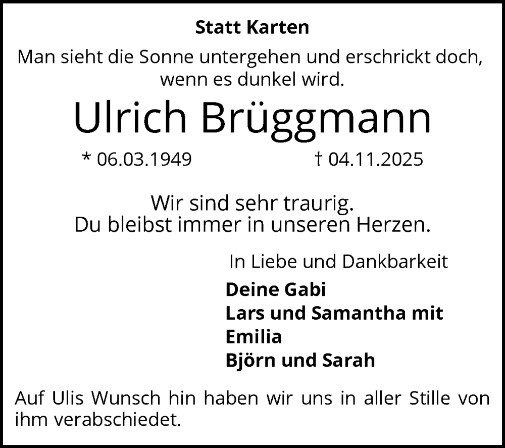  Traueranzeige für Ulrich Brüggmann vom 22.11.2025 aus Elmshorner Nachrichten, Barmstedter Zeitung