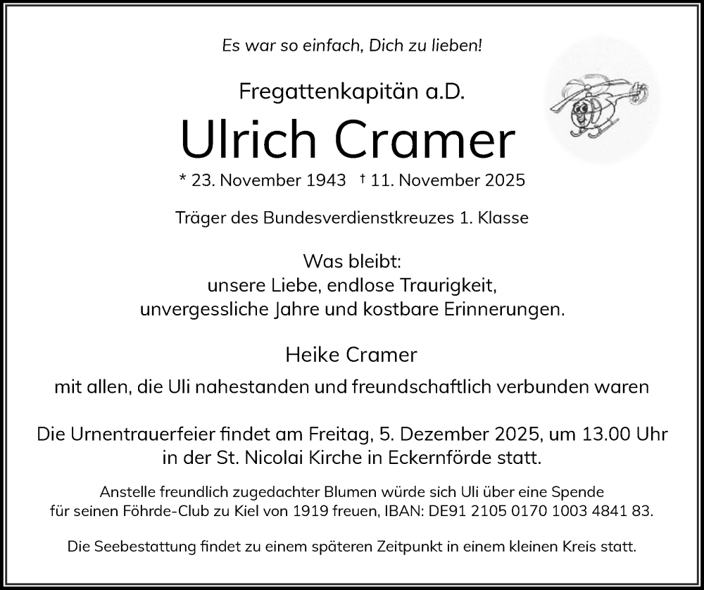  Traueranzeige für Ulrich Cramer vom 22.11.2025 aus Eckernförder Zeitung, Hallo Eckernförde