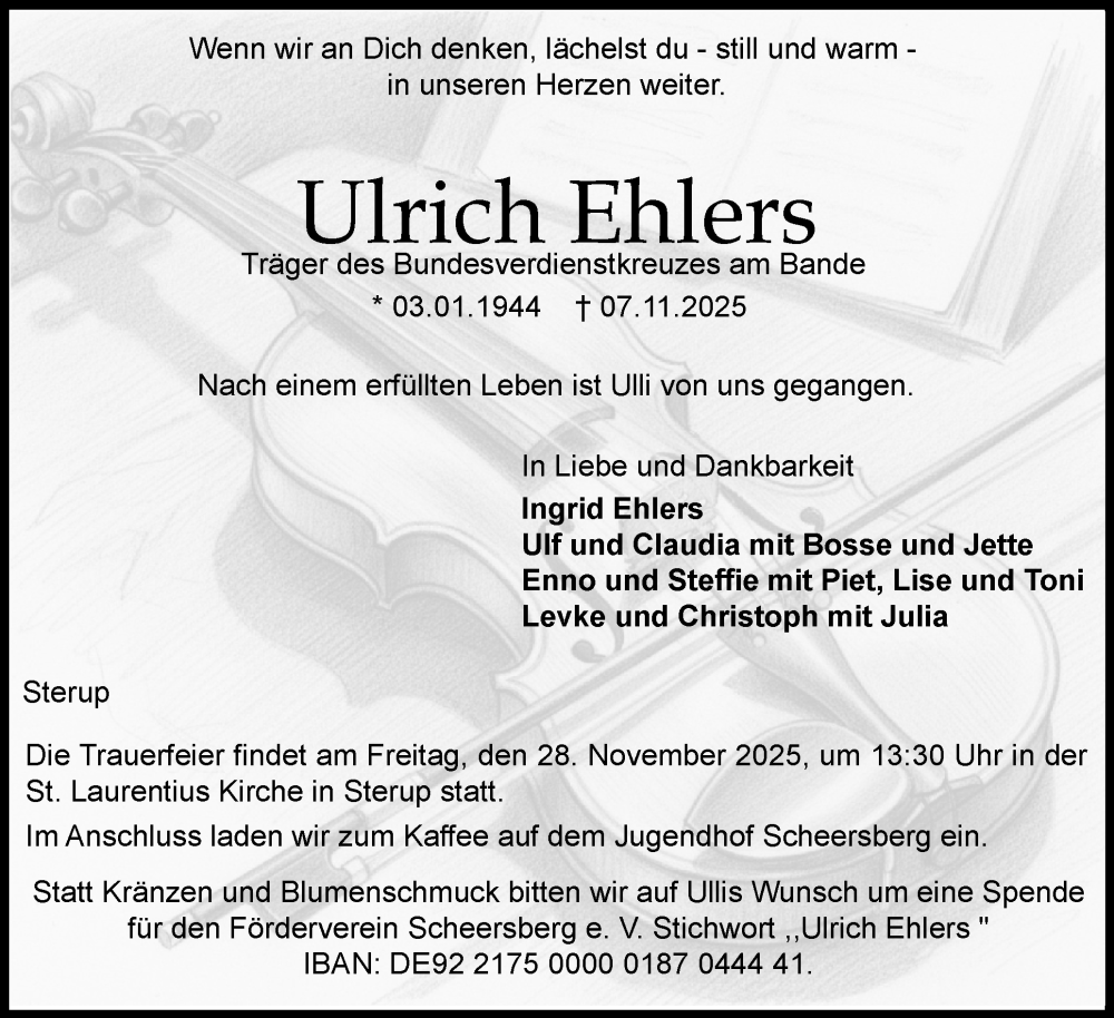  Traueranzeige für Ulrich Ehlers vom 22.11.2025 aus Region Flensburg