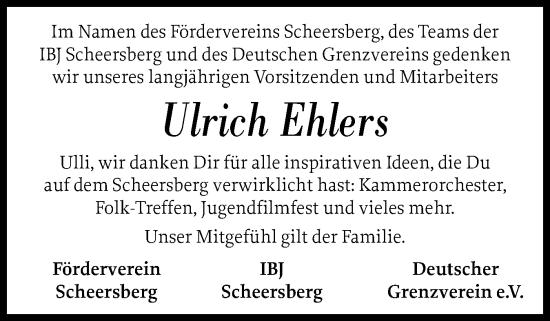 Traueranzeige von Ulrich Ehlers von Flensburger Tageblatt, Schleswiger Nachrichten, Schlei-Bote