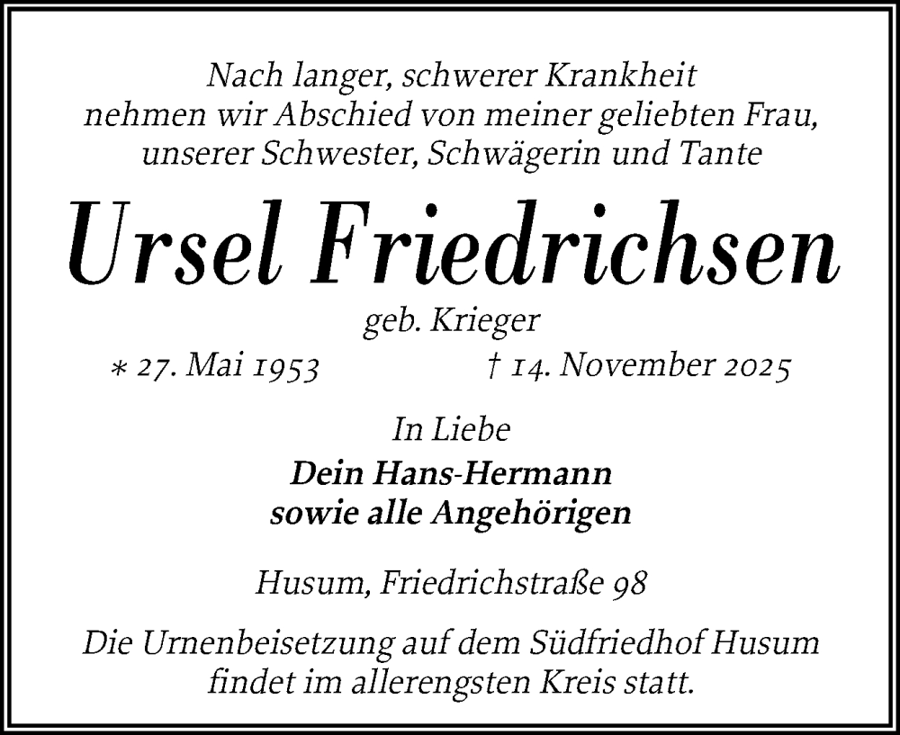  Traueranzeige für Ursel Friedrichsen vom 20.11.2025 aus Husumer Nachrichten, Nordfriesland Tageblatt