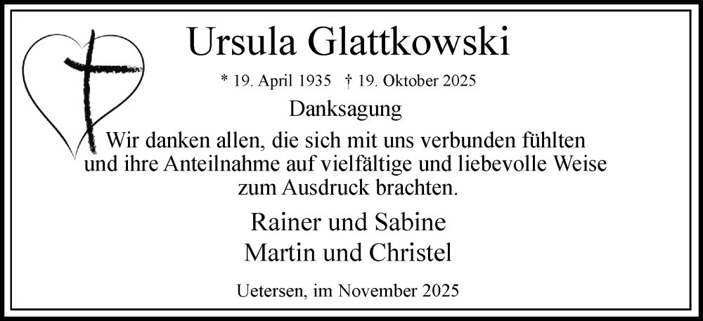 Traueranzeige für Ursula Glattkowski vom 15.11.2025 aus Uetersener Nachrichten, Der tip am Wochenende