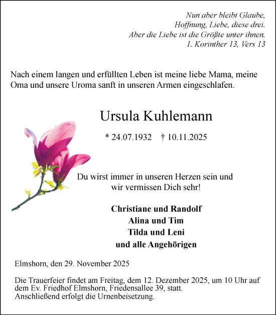 Traueranzeige von Ursula Kuhlemann von Elmshorner Nachrichten, Barmstedter Zeitung
