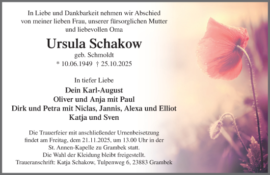 Traueranzeige von Ursula Schakow von MARKT Ratzeburg/Mölln