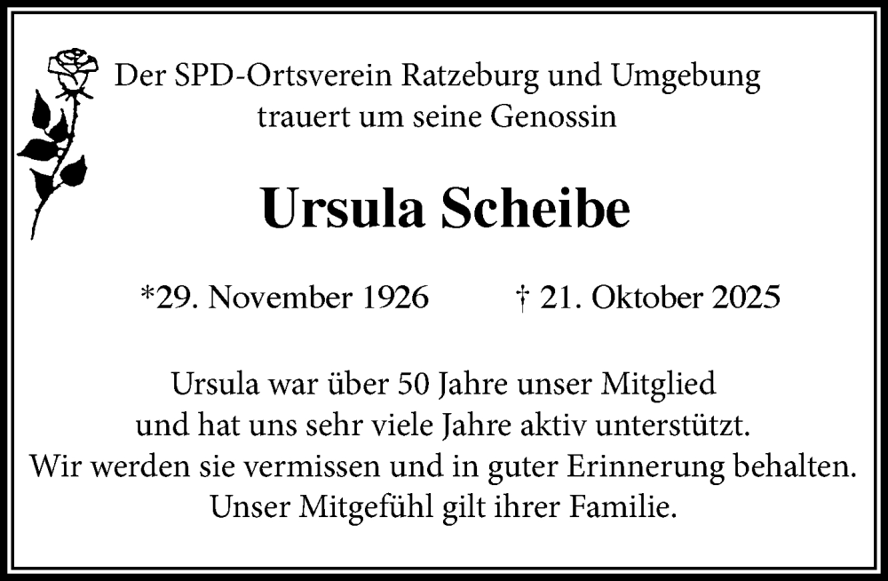  Traueranzeige für Ursula Scheibe vom 29.11.2025 aus MARKT Ratzeburg/Mölln