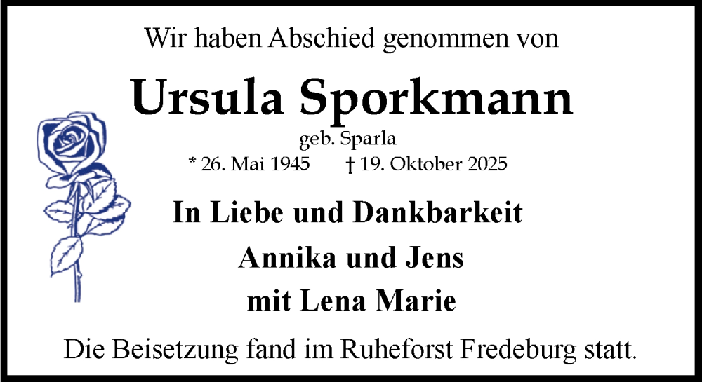  Traueranzeige für Ursula Sporkmann vom 15.11.2025 aus MARKT Ratzeburg/Mölln