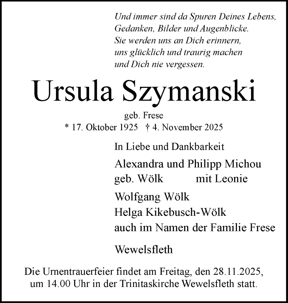  Traueranzeige für Ursula Szymanski vom 15.11.2025 aus Norddeutsche Rundschau, Wilstersche Zeitung, Glückstädter Fortuna