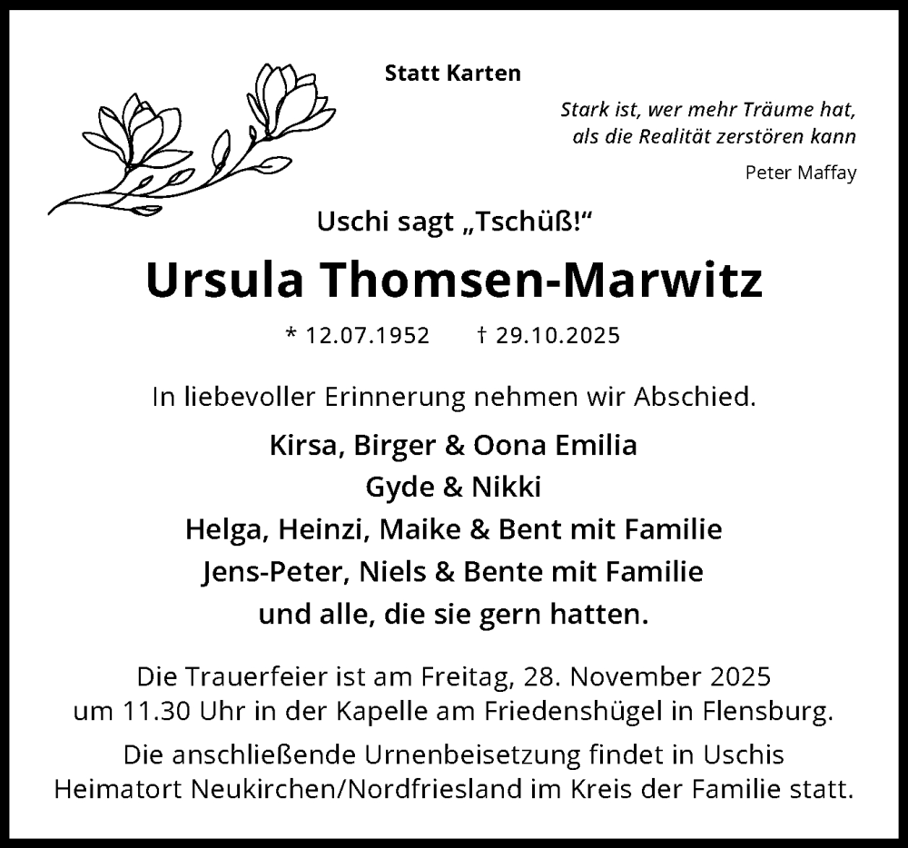  Traueranzeige für Ursula Thomsen-Marwitz vom 15.11.2025 aus Region Flensburg