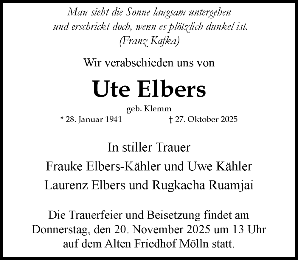  Traueranzeige für Ute Elbers vom 15.11.2025 aus MARKT Ratzeburg/Mölln