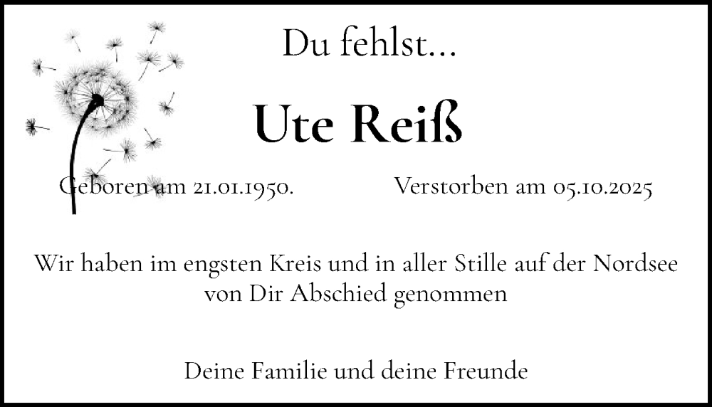  Traueranzeige für Ute Reiß vom 29.11.2025 aus Husumer Nachrichten, Nordfriesland Tageblatt
