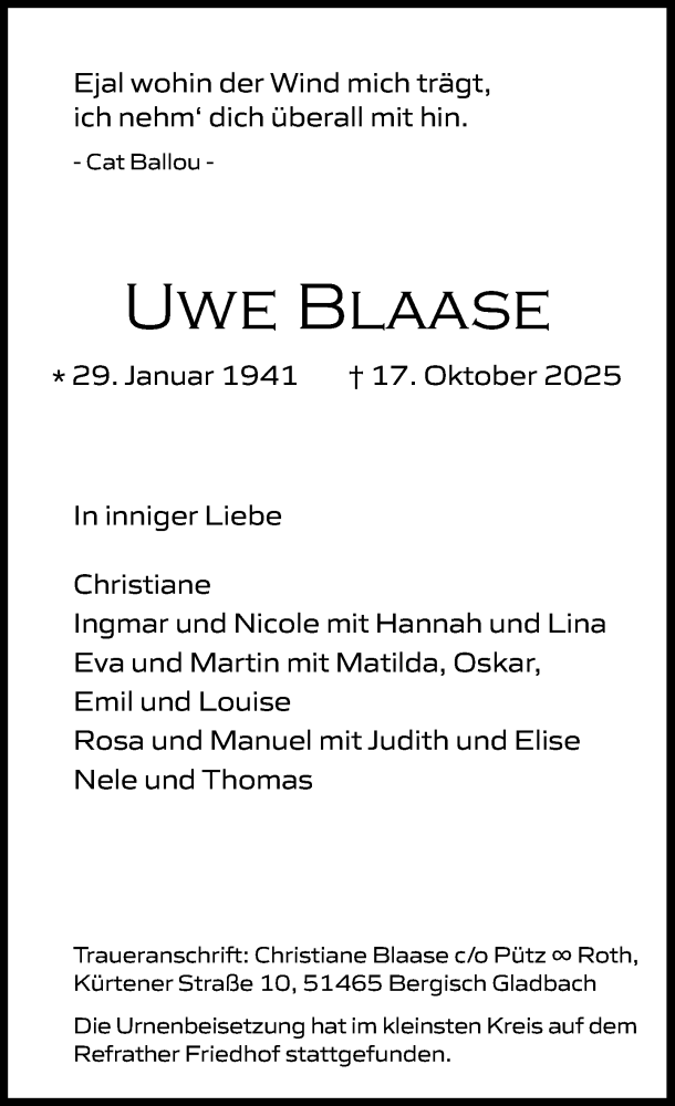  Traueranzeige für Uwe Blaase vom 22.11.2025 aus MARKT Ratzeburg/Mölln