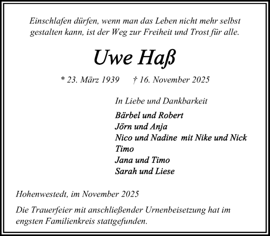 Traueranzeige von Uwe Haß von Schleswig-Holsteinische Landeszeitung