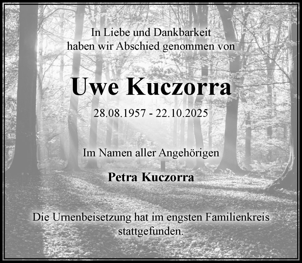  Traueranzeige für Uwe Kuczorra vom 29.11.2025 aus MARKT Ratzeburg/Mölln