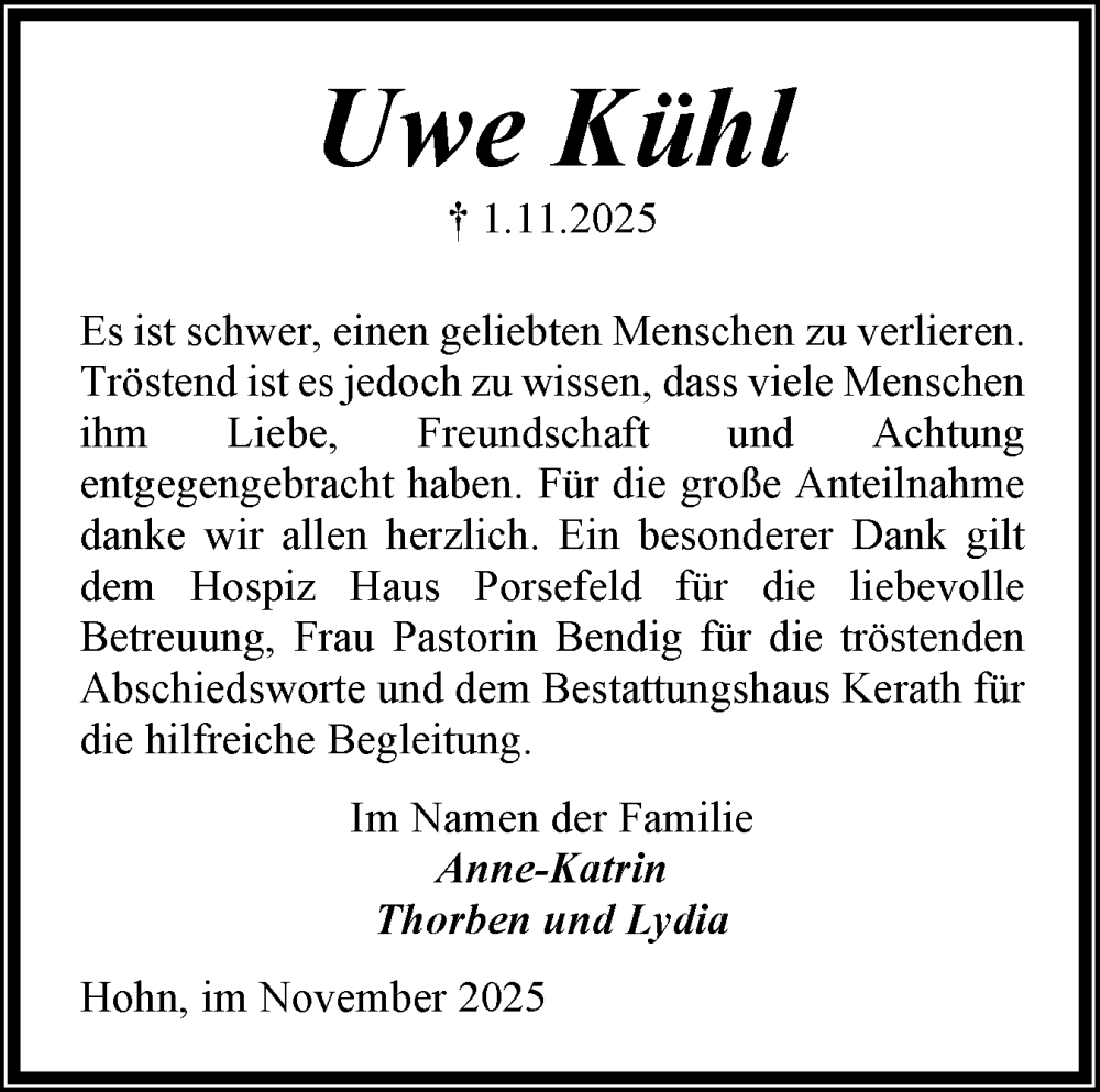  Traueranzeige für Uwe Kühl vom 29.11.2025 aus Schleswig-Holsteinische Landeszeitung