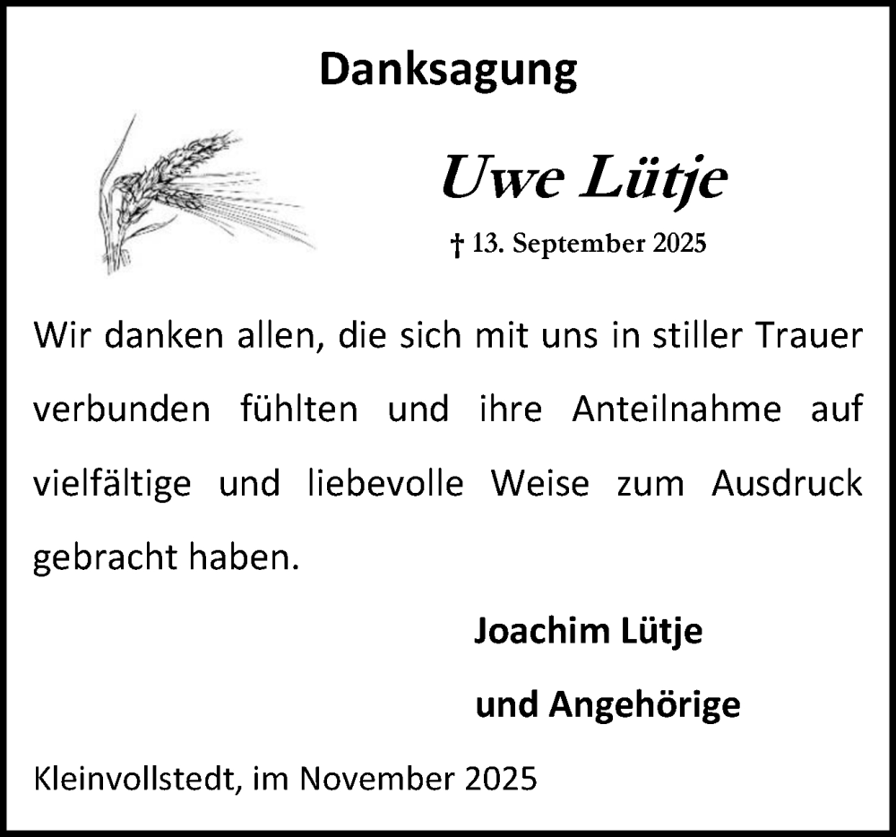  Traueranzeige für Uwe Lütje vom 04.11.2025 aus Schleswig-Holsteinische Landeszeitung