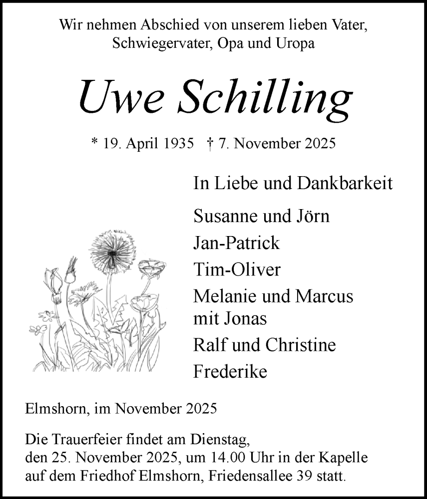  Traueranzeige für Uwe Schilling vom 22.11.2025 aus Elmshorner Nachrichten, Barmstedter Zeitung