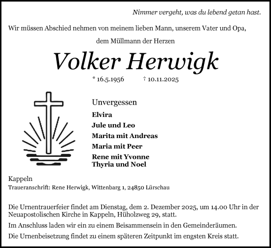 Traueranzeige von Volker Herwigk von Schleswiger Nachrichten, Schlei-Bote
