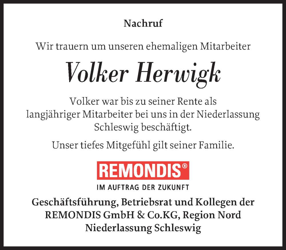  Traueranzeige für Volker Herwigk vom 22.11.2025 aus Schleswiger Nachrichten, Schlei-Bote