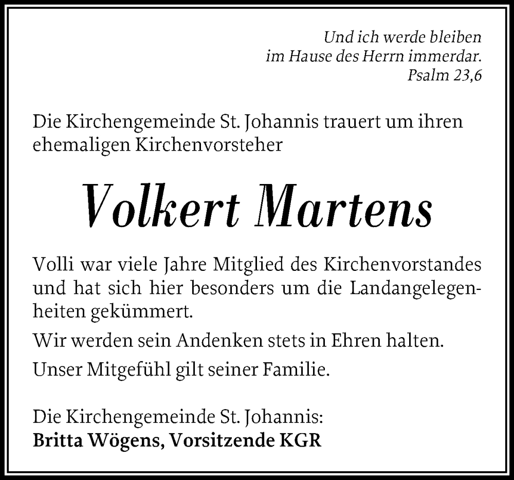  Traueranzeige für Volkert Martens vom 18.11.2025 aus Der Insel-Bote