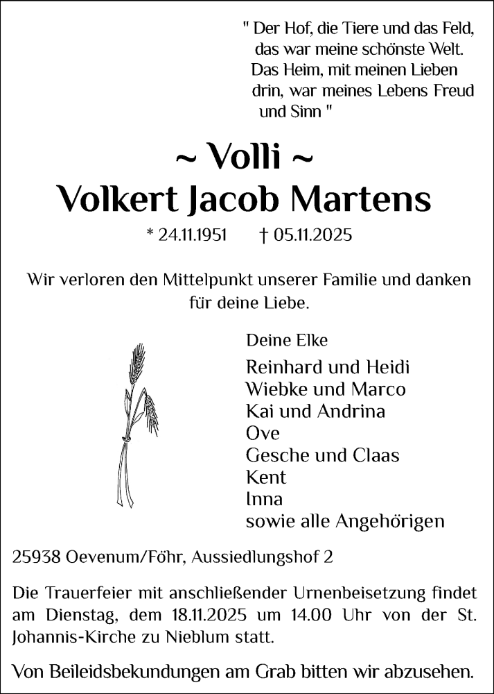  Traueranzeige für Volkert Jacob Martens vom 13.11.2025 aus Der Insel-Bote