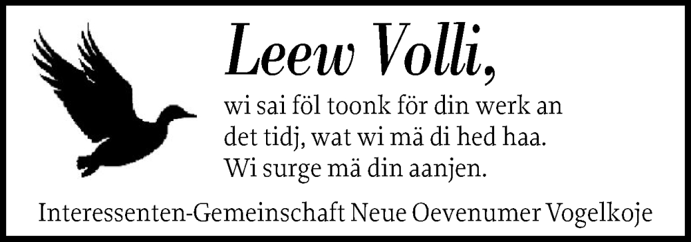  Traueranzeige für Volli  vom 17.11.2025 aus Der Insel-Bote