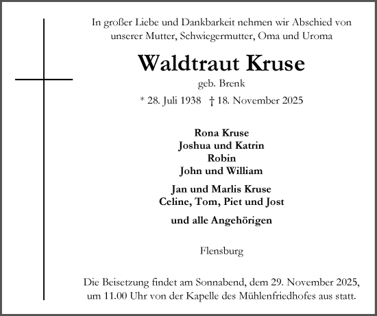 Traueranzeige von Waldtraut Kruse von Flensburger Tageblatt