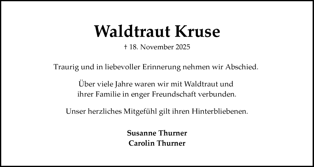  Traueranzeige für Waldtraut Kruse vom 22.11.2025 aus Flensburger Tageblatt