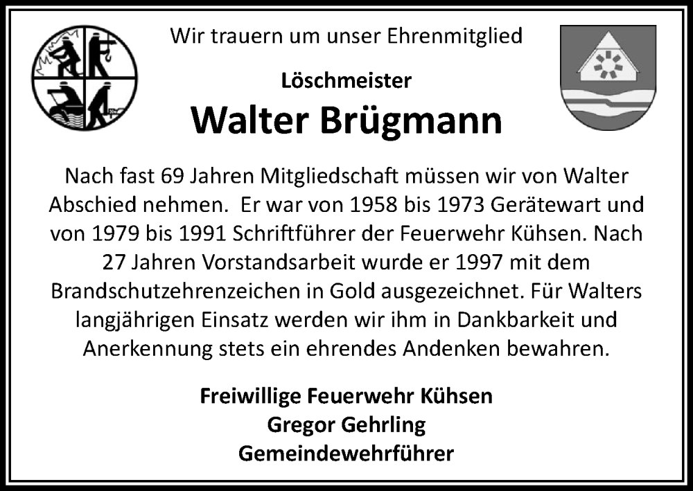  Traueranzeige für Walter Brügmann vom 08.11.2025 aus MARKT Ratzeburg/Mölln